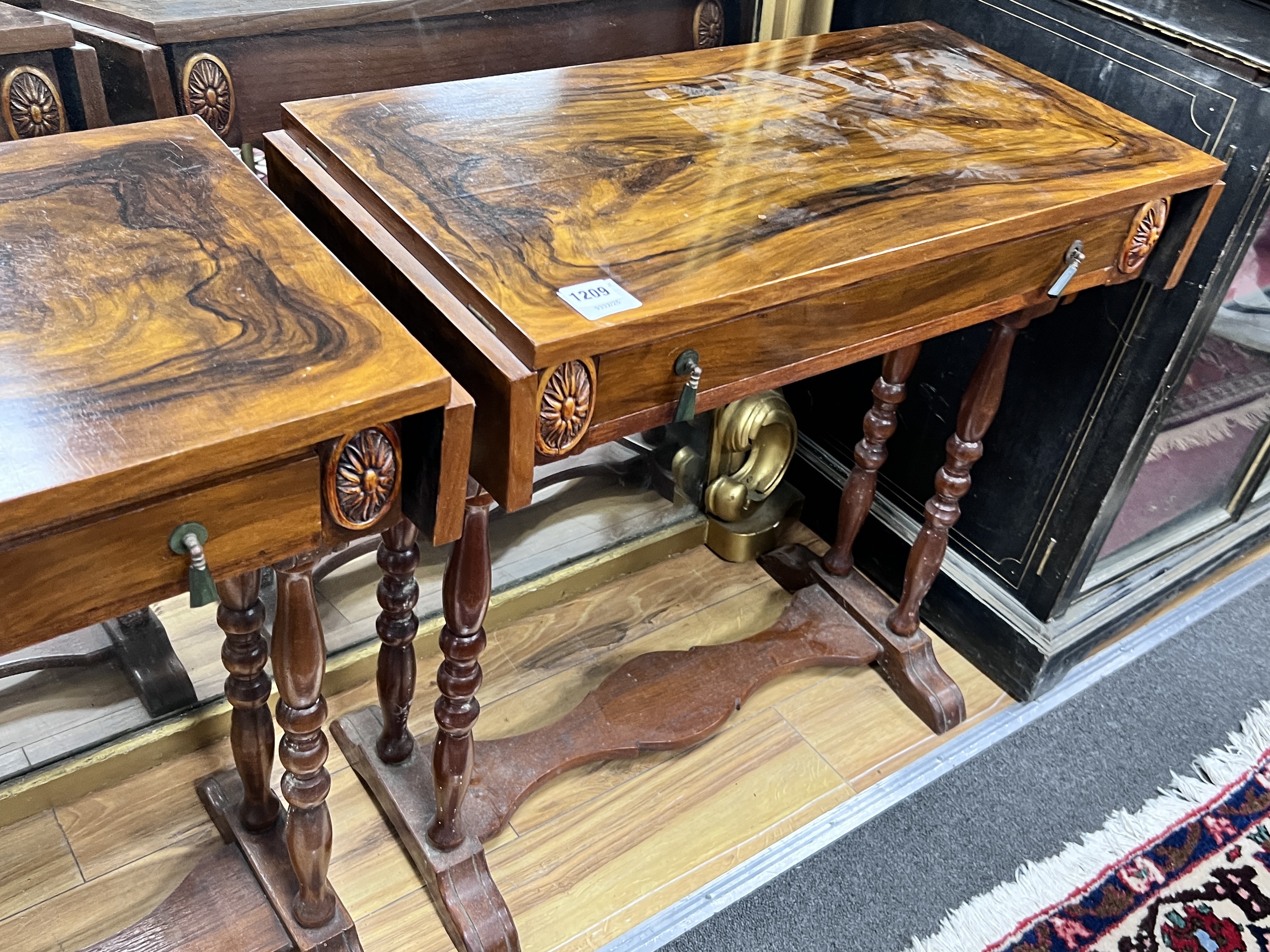 A pair of Victorian style figured walnut occasional tables, width 70cm, height 67cm